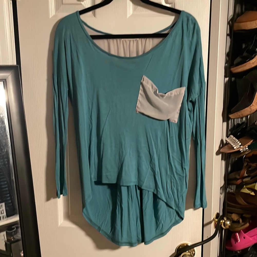 Teal blouse with sheer back